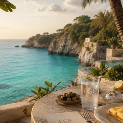 A set table above a turquoise cove — olives, lemons, and gold linen in late light