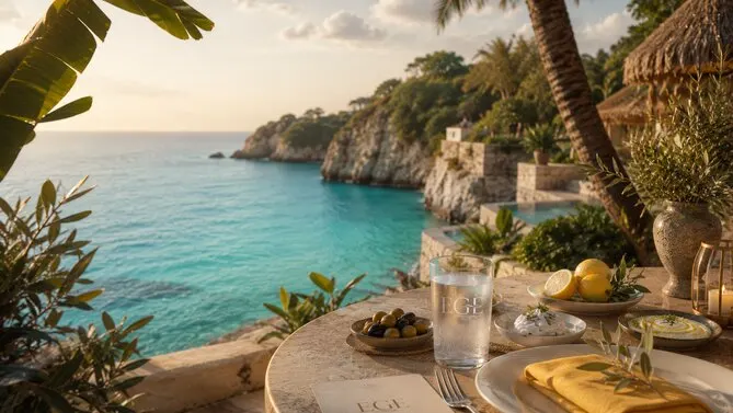A set table above a turquoise cove — olives, lemons, and gold linen in late light