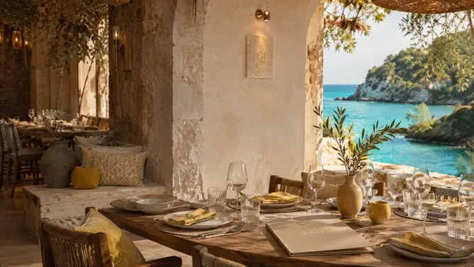Stone arches over set wooden tables, an olive sprig in ceramic, the cove turquoise beyond