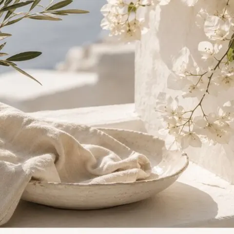 Linen folded in a ceramic bowl on a whitewashed ledge, olive and bougainvillea above