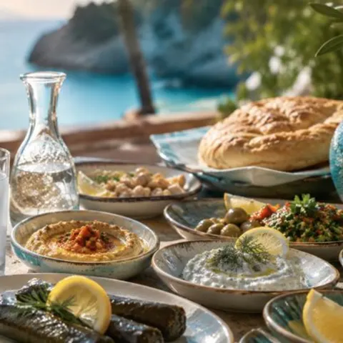 A shared table by the water: warm bread, hummus, dolma, and lemon
