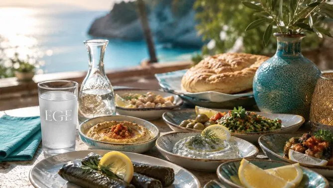 A shared table by the water: warm bread, hummus, dolma, and lemon