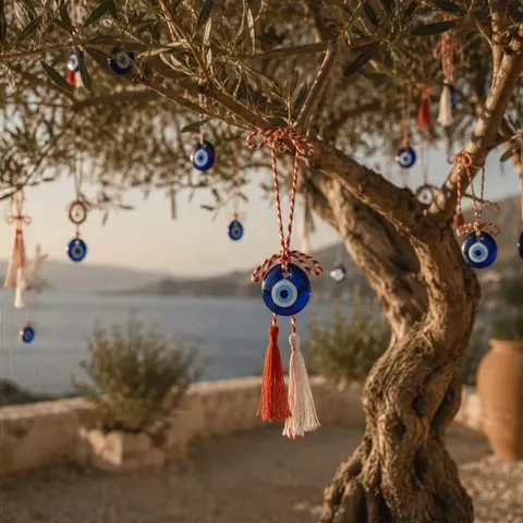 Nazar charms hung in an olive tree above the sea