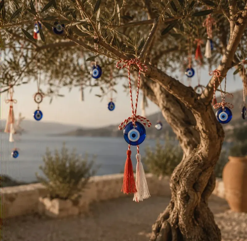 Nazar charms hung in an olive tree above the sea