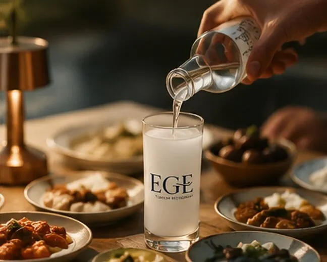 Rakı poured over ice beside small plates at dusk