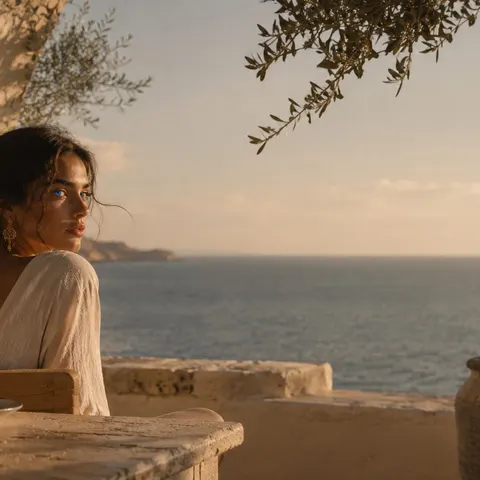 Golden hour on a stone terrace above the Aegean, an urn on the whitewashed ledge