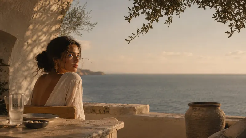 Golden hour on a stone terrace above the Aegean, an urn on the whitewashed ledge